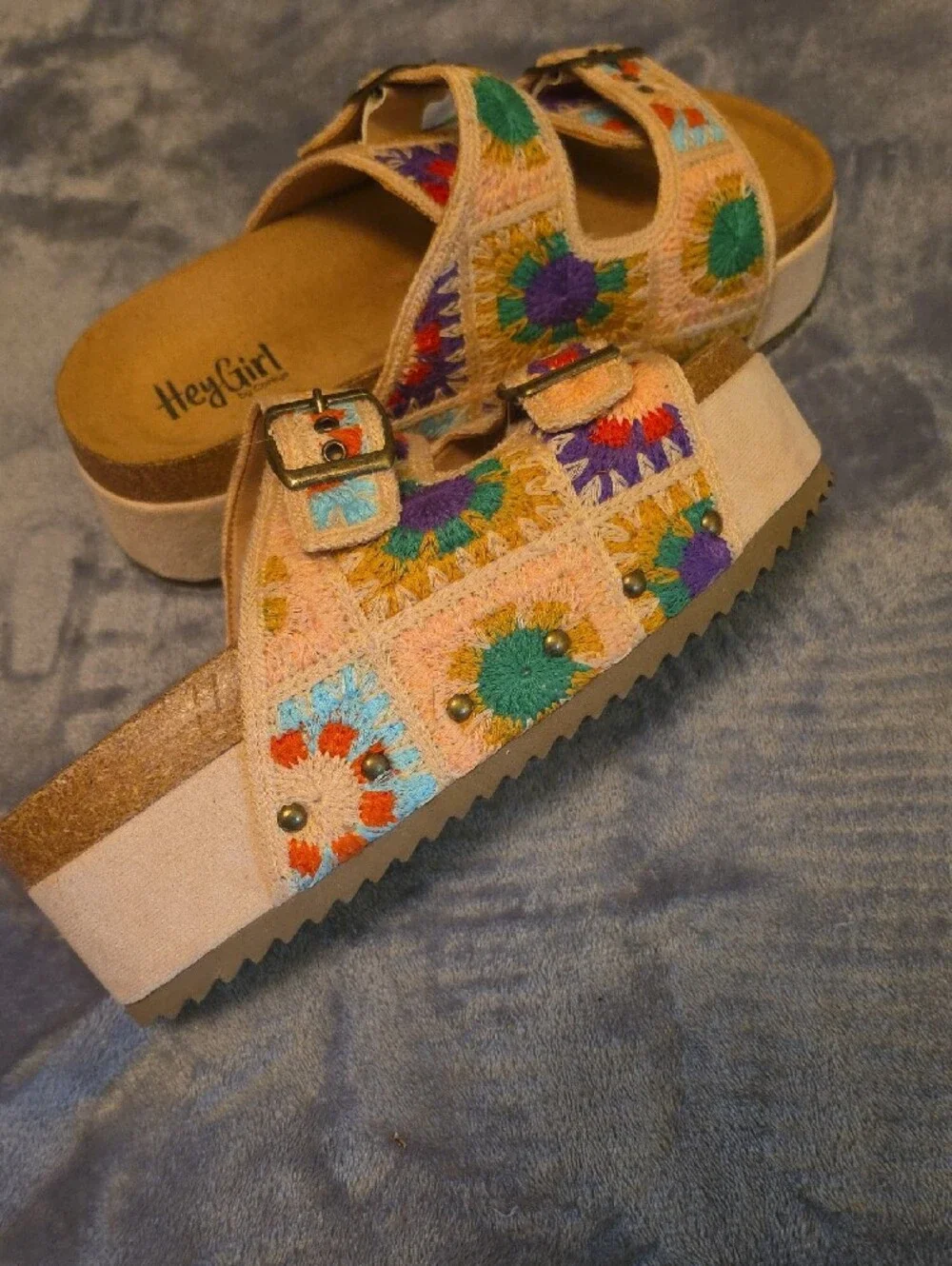 HeyGirl by Corkys Womens Embroidered Cream Multi-Color Slide Sandals